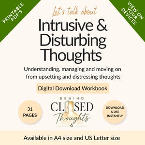 Könnte beinhalten: Ein digitales Arbeitsbuch mit dem Titel Let's talk about Intrusive & Disturbing Thoughts, das 31 Seiten zum Verständnis und Umgang mit belastenden Gedanken enthält. Das Dokument ist im A4-Format als druckbares PDF für Geräte verfügbar.