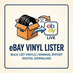 Puede incluir: Un gráfico digital que muestra una caja de cartón naranja llena de discos de vinilo negros, una flecha que apunta a un icono de eBay Live y el texto: eBay Vinyl Lister, Bulk List Vinyls | Minimal Effort, Digital Download, Photo by Photo.