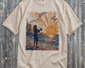 catching rays - womens - psychedelic fishing tee, trippy surreal art beach shirt, alternative graphic tee