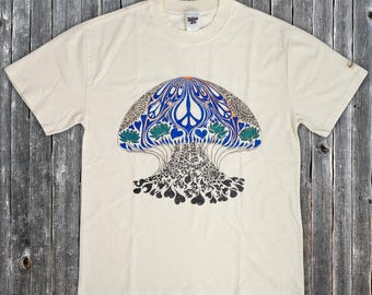 peace love + tranquility moon jelly tee - mens - psychedelic jellyfish graphic tee, trippy moon jelly shirt, hippie peace sign lotus tee