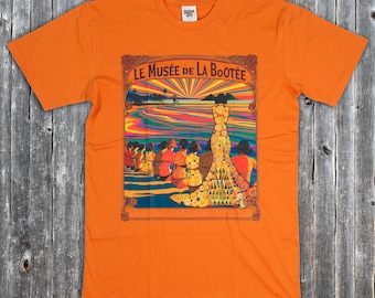 le musée de la bootée - womens - art nouveau poster tee, klimt style graphic shirt, vintage french riviera tee, kailua hawaii