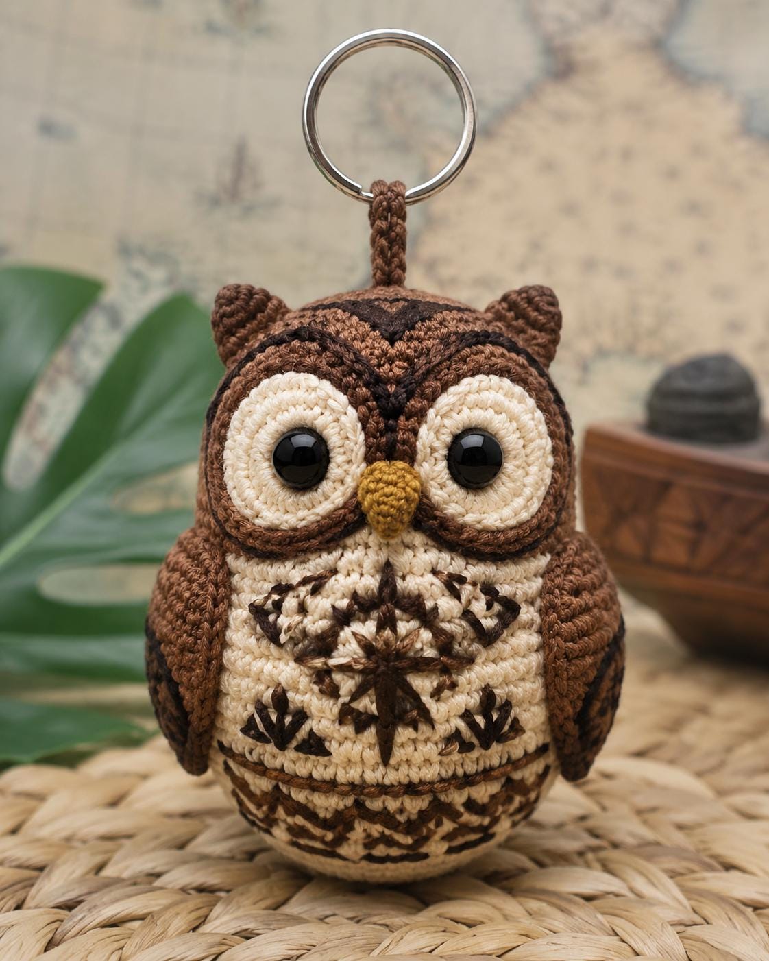 Polynesian Owl Navigation Totem, Hand-Crocheted Palm Talisman, Pacific Islander Inspired Accessory, 
