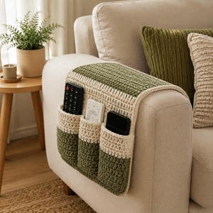 Sofa Arm Organizer, Handmade Crochet Caddy with Textured Pockets for Remote and Phone