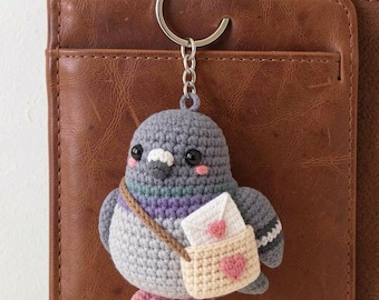 Crochet Pigeon Charm, Whimsical Soft Sculpture Keychain with Messenger Bag