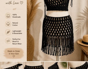 Zwarte macramé-strandset, gehaakte outfit met blote schouder, rok met franjes, boho-festivalkleding