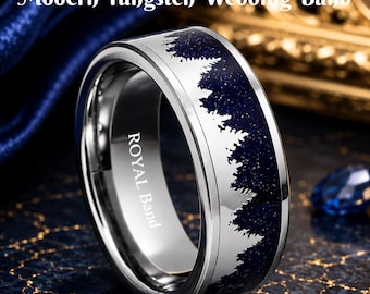 Anillo de tungsteno con diseño de árbol plateado de 8 mm, incrustaciones de arenisca Galaxy, alianza de boda grabada.
