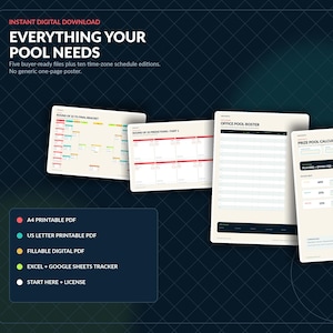Könnte beinhalten: Ein digitales Download-Set mit vier Dokumenten: ein Turnierplan für die Runde der 32, ein Vorhersageblatt, eine Teilnehmerliste und ein Preispool-Rechner. Der Text enthält Überschriften wie Everything Your Pool Needs und A4 Printable PDF.