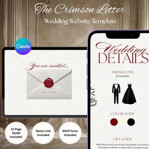Könnte beinhalten: Eine Hochzeits-Website-Vorlage mit dem Titel The Crimson Letter, dargestellt auf einem Tablet und einem Smartphone. Die Bildschirme zeigen eine Einladung mit rotem Wachssiegel, Hochzeitsdetails, Kleiderordnung-Icons und eine Farbpalette.