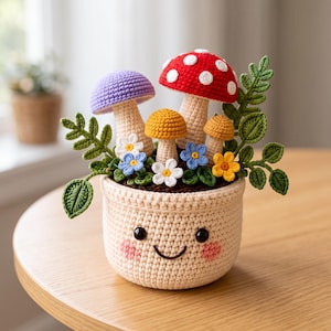Gehäkelte Blumentöpfe im Set mit Pilz, Sonnenblume, Lavendel, Erdbeere, Rose & Tulpe Designs