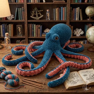 May include: A large, plush octopus toy crafted from dark blue and soft pink yarn. The octopus features a rounded head, eight long tentacles with textured undersides, and two dark, glossy eyes. It is positioned on a wooden surface.