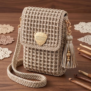 Peut inclure: Un sac bandoulière en crochet beige avec un motif quadrillé texturé, une longue bandoulière et une plaque métallique dorée en forme de bouclier gravée du texte Artisan Textiles. Un pompon beige assorti avec des perles dorées est suspendu.