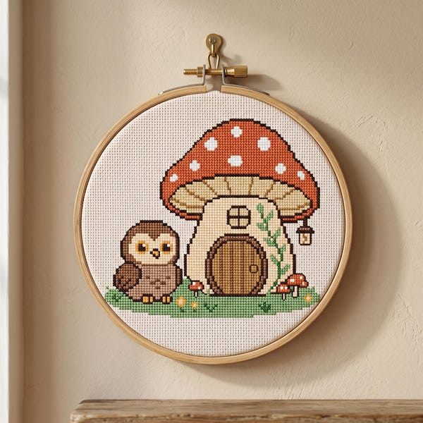 Patrón de punto de cruz de búho con seta en PDF, diseño de bordado de bosque acogedor, gráfico de aves estilo cottagecore