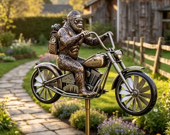 Bigfoot Motorcycle Wind Spinner, Sasquatch Biker Yard Art, Metal Garden Wind Sculpture, Funny Outdoor Decor, Unique Gift