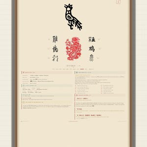 May include: A digital print featuring the Chinese Zodiac Rooster. The design includes a black stylized rooster icon, a central red dragon illustration, and Chinese characters. Text sections provide quick facts, a 2024 forecast, and historical lore.