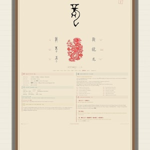 May include: A digital download print featuring the Chinese Zodiac Dragon. The design includes a stylized black calligraphic symbol, a detailed red dragon illustration, and columns of text detailing facts, forecasts, and history in English and Chinese.