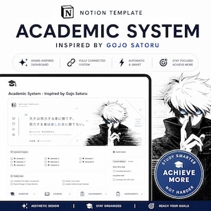May include: A Notion template titled Academic System Inspired by Gojo Satoru featuring an anime-style dashboard with a black and white illustration of a character, Japanese text, semester progress checkboxes, weekly goals, and a study smarter badge.