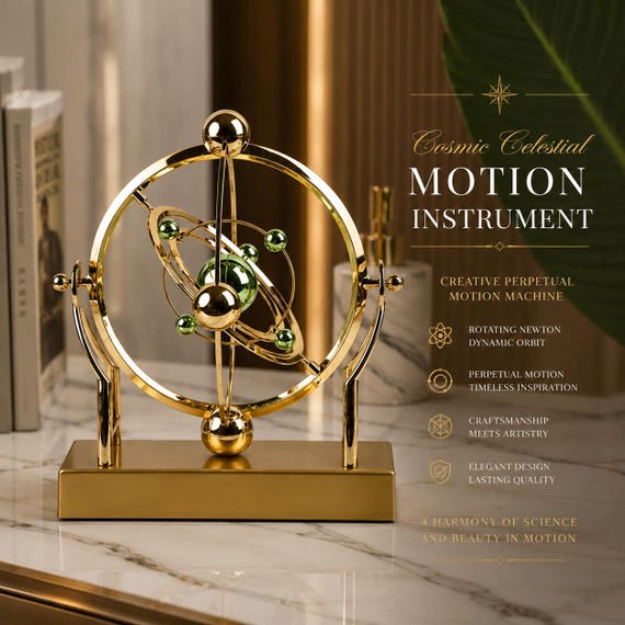 A hypnotic pendulum-driven celestial orbit sculpture that looks like a tiny orrery in perpetual motion on your desk.