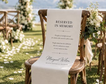 Faixa comemorativa para cadeira de casamento, placa personalizada para cadeira de homenagem, decoração de casamento em memória amorosa, decoração para cerimônia com assento reservado.