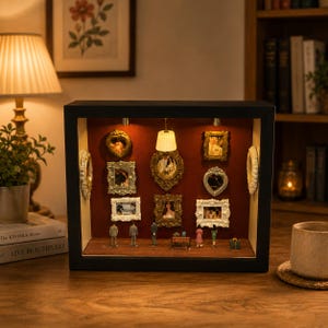 Pode incluir: Uma caixa expositora preta com interior em veludo vermelho profundo, contendo várias molduras em miniatura ornamentadas, uma pequena lâmpada suspensa e várias figuras humanas minúsculas sobre uma base de madeira, criando uma cena de galeria.