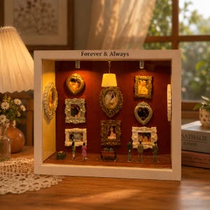 May include: A white rectangular shadow box display with the text Forever & Always, featuring a deep red interior wall, multiple ornate gold and white miniature picture frames, a small hanging lamp, and several tiny figurines standing on the floor.