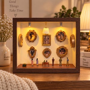 May include: A rectangular shadow box display with a dark wood frame containing six ornate gold picture frames, a miniature hanging lamp, and several small figurines of people standing and sitting on a bench, all illuminated by warm interior lights.