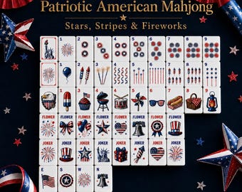 Fourth of July American Mahjong Set, Patriotic Acrylic Mahjong Tiles, Red White Blue Game Night Gift for Mahjong Lovers