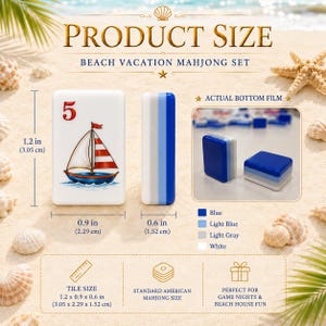 May include: A white mahjong tile featuring a red number 5 and a sailboat illustration, measuring 1.2 inches by 0.9 inches by 0.6 inches. The set includes blue, light blue, light gray, and white layered tiles, with a bottom film shown in an inset.