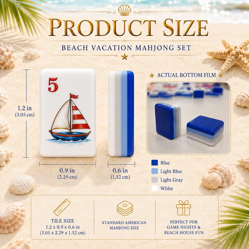 May include: A white mahjong tile featuring a red number 5 and a sailboat illustration, measuring 1.2 inches by 0.9 inches by 0.6 inches. The set includes blue, light blue, light gray, and white layered tiles, with a bottom film shown in an inset.
