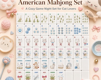Cat-Themed American Mahjong Set, Cute Cat Mahjong Tiles, Lucky Cat Joker Set, Cat Lover Gift, Cozy Game Night Gift