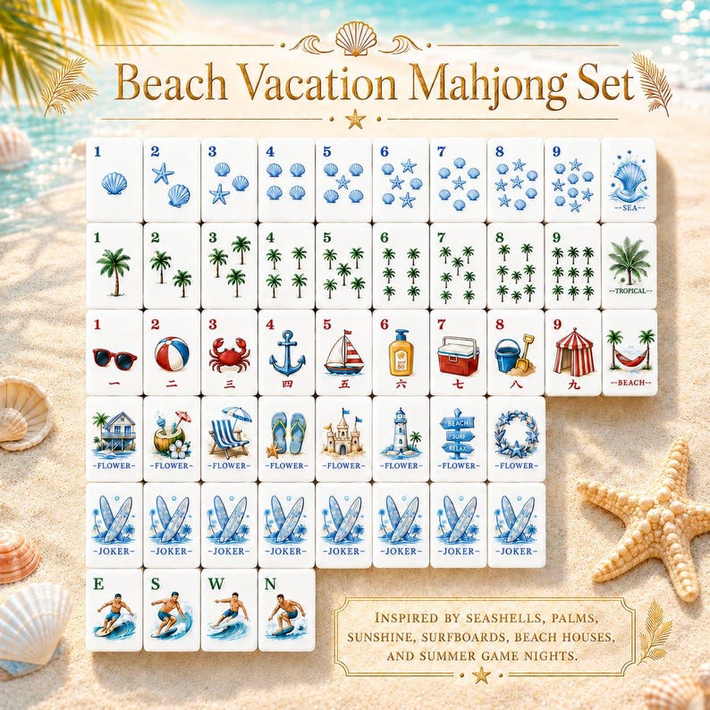 May include: A Beach Vacation Mahjong set featuring white tiles with blue and colorful illustrations of seashells, palm trees, beach gear, and surfboards. The set includes numbered tiles, flower tiles, joker tiles, and directional tiles with text.