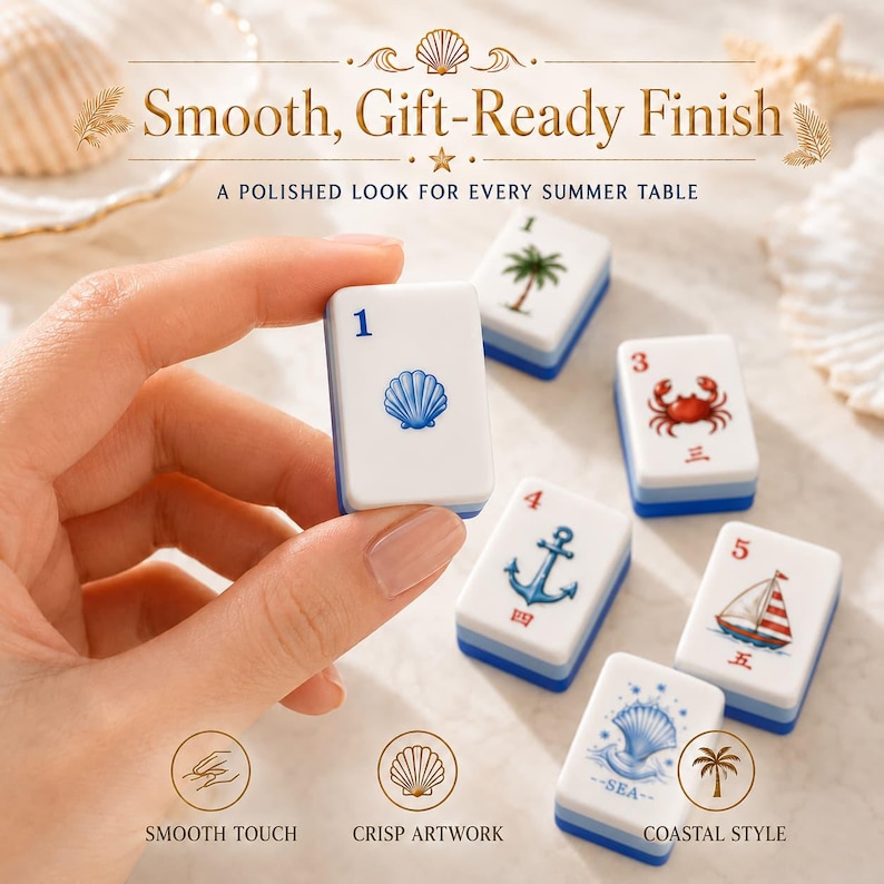 May include: A set of white rectangular mahjong tiles with blue bases, featuring colorful coastal illustrations including a seashell, palm tree, crab, anchor, and sailboat, with numbers and text like Smooth, Gift-Ready Finish and Coastal Style.