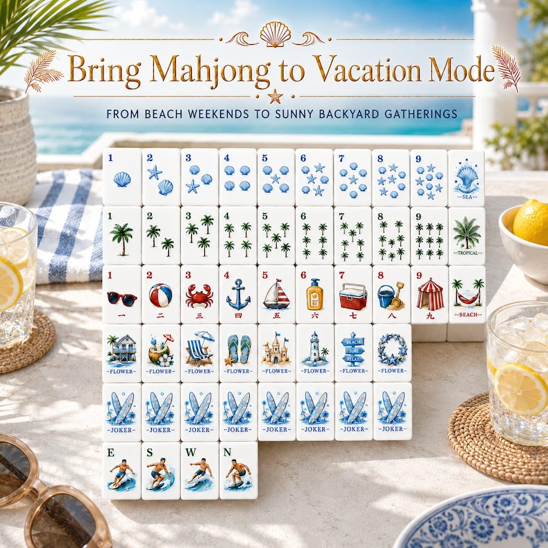 May include: A set of white Mahjong tiles featuring colorful illustrations of beach-themed icons, including seashells, palm trees, sailboats, and surfboards. The tiles are arranged in a grid, with text reading Bring Mahjong to Vacation Mode.
