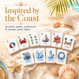 May include: A set of white rectangular game tiles featuring colorful illustrations of beach-themed items including a beach ball, crab, palm trees, sailboat, tent, hammock, beach house, surfboards, lighthouse, and starfish with the text Inspired by the Coast.