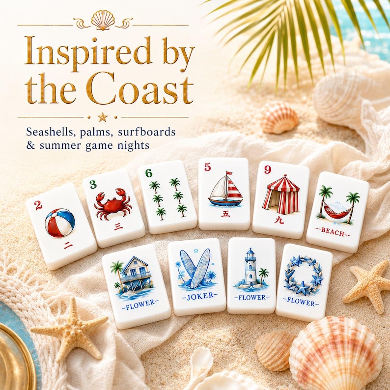 May include: A set of white rectangular game tiles featuring colorful illustrations of beach-themed items including a beach ball, crab, palm trees, sailboat, tent, hammock, beach house, surfboards, lighthouse, and starfish with the text Inspired by the Coast.