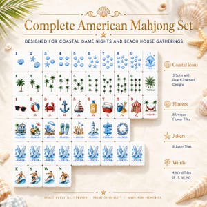 May include: A complete American Mahjong set featuring white tiles with coastal-themed illustrations. The set includes numbered suits with blue shells, green palm trees, and red beach icons, plus flower, joker, and wind tiles with surfers.