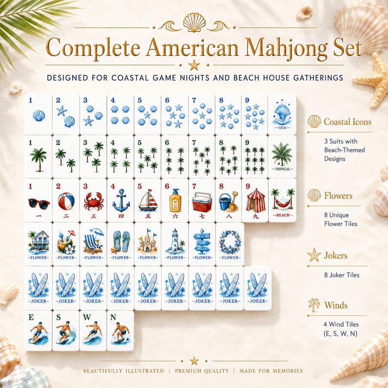 May include: A complete American Mahjong set featuring white tiles with coastal-themed illustrations. The set includes numbered suits with blue shells, green palm trees, and red beach icons, plus flower, joker, and wind tiles with surfers.