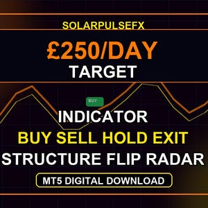 Könnte beinhalten: Eine digitale Handelsgrafik mit dunklem Hintergrund und orangefarbenen Gitterlinien. Der Text lautet SOLARPULSEFX, £250/DAY TARGET, INDICATOR, BUY SELL HOLD EXIT, STRUCTURE FLIP RADAR und MT5 DIGITAL DOWNLOAD. Orangefarbene Linien zeigen Markttrends mit grünen BUY-Beschriftungen.