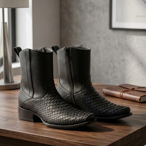 Könnte beinhalten: Ein Paar schwarze wadenhohe Stiefel mit einem strukturierten Schlangenledermuster im unteren Bereich und einem genarbten Lederschaft. Die Stiefel haben eine quadratische Zehenpartie, einen seitlichen Reißverschluss, eine Zuglasche und einen flachen Absatz.