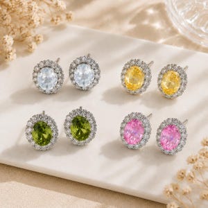 Oval Rainbow CZ Stud Earrings, Colorful Crystal Micro Pave Earrings, S925 Sterling Silver Post, Vintage Art Deco Statement Jewelry Gift