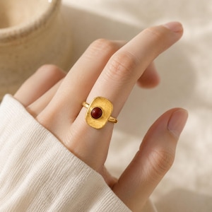 Ancient Style Geometric Square Ring, Brushed Gold Statement Ring, Lapis Blue & Carnelian Red Cabochon, Adjustable Open Band Jewelry Gift