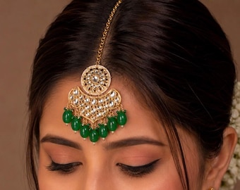 Kundan Maang Tikka, copricapo, gioiello da sposa color oro per la fronte