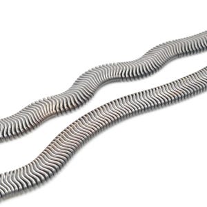 May include: A silver-toned metallic chain necklace featuring a flat, flexible, and serpentine design with a repeating wave-like pattern. The chain is composed of numerous small, tightly linked segments that create a smooth, continuous, and undulating appearance.