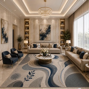 Luxury Ocean Flow Botanical Abstract Area Rug Modern Navy Blue Ivory Wave Pattern Designer Carpet for Living Room, Lobby Hotel Interiors