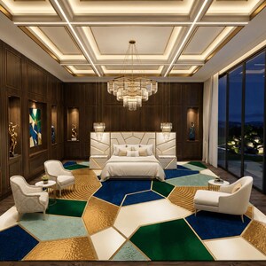 Königlicher Smaragd-Saphir Geometrischer Mosaik-Luxusteppich