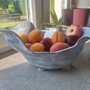 Può includere: Una ciotola in ceramica grigio chiaro, formata a mano, con un bordo irregolare e ondulato e piccoli piedini, riempita con una varietà di frutta fresca a nocciolo, tra cui albicocche arancioni, nettarine rosso scuro e una pesca rosa pallido.