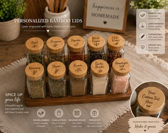 Custom Spice Jars, Engraved Kitchen Storage with Bamboo Lids, Personalized Pantry Organizer, New Home Gift