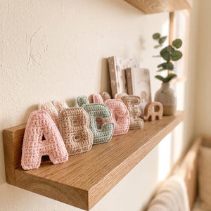 Può includere: Una serie di lettere individuali A, B, C, D, E e F realizzate in filo lavorato all'uncinetto in tenui tonalità pastello di rosa, beige e verde salvia. Ogni lettera è tridimensionale e sta in piedi, disposta in ordine alfabetico su una mensola.