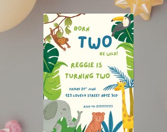 Born Two Be Wild Birthday Invitation | Editable Canva Template | Safari Jungle Birthday Invite | Wild One Party | Instant Download