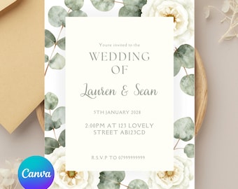 Wedding Invitation Template Canva | Watercolor Eucalyptus & White Floral Invite | Instant Download | Botanical Wedding| Editable