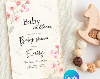 Baby In Bloom Baby Shower Invitation | Editable Canva Template | Watercolour Floral Baby Shower Invite | Boho Flower Instant Download